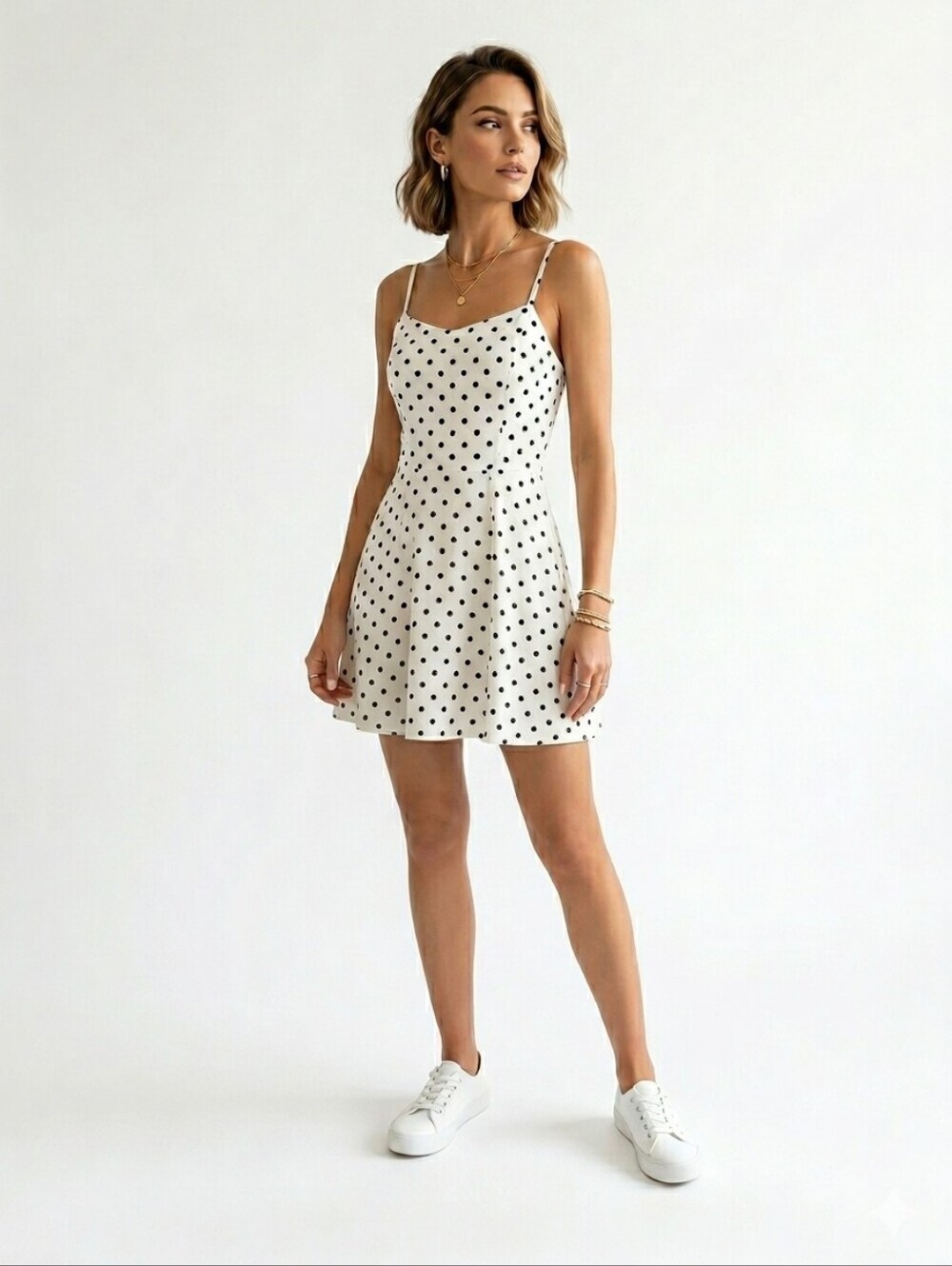 Lulus Polka Dot Lace Up Back Mini Summer Dress White Black Chic Boho Size Large